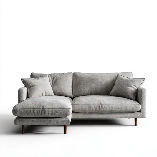 Szara sofa narożna z lewym szezlongiem, tapicerka poliestrowa, 230 x 150 x 85 cm