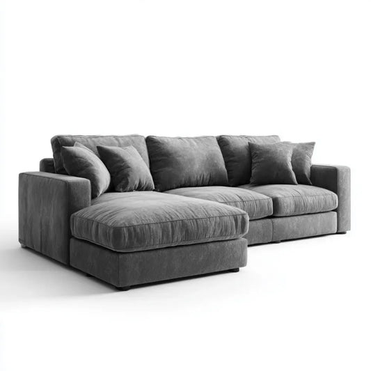 Grafitowa sofa narożna z lewostronnym szezlongiem, aksamitna, 280 × 165 × 86 cm