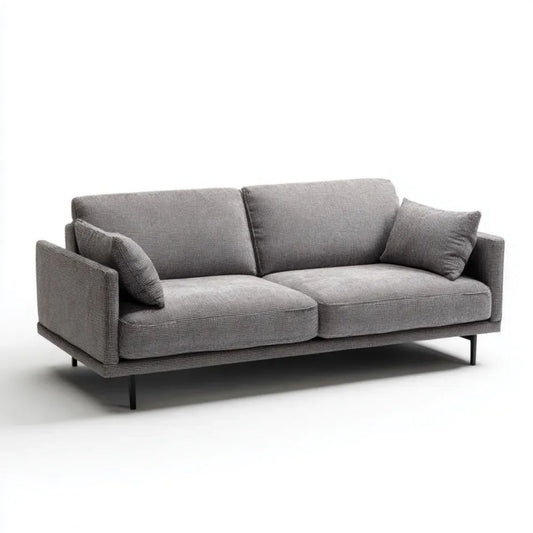 Szara dwuosobowa sofa z tapicerką poliestrową i czarnymi metalowymi nogami, 180 x 85 x 82 cm