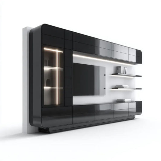 Czarno-biała meblościanka RTV z płyty MDF, szkła hartowanego i oświetlenia LED, 300 x 40 x 220 cm