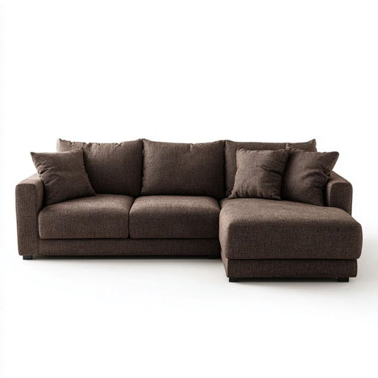 Prawostronna sofa narożna z tkaniny brązowa, w kształcie L, 280 × 165 × 85 cm