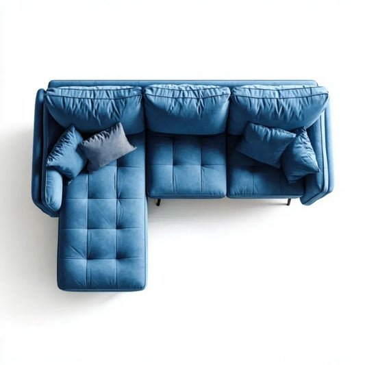 Niebieska sofa narożna lewostronna z aksamitu poliestrowego w kształcie L, 270 x 160 x 90 cm