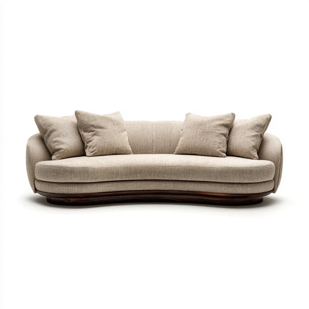 Beżowa zaokrąglona sofa 3-osobowa z tapicerką poliestrową, 230 x 95 x 78 cm