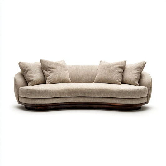 Beżowa zaokrąglona sofa 3-osobowa z tapicerką poliestrową, 230 x 95 x 78 cm
